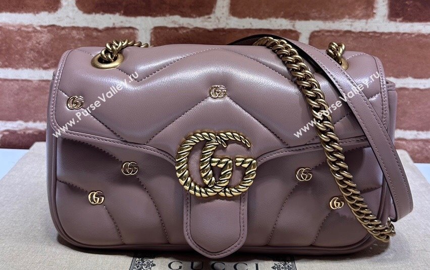 Gucci GG Marmont small shoulder bag 443497 Leather Nude Pink with small Double G studs 2024 (dlh-23122120)