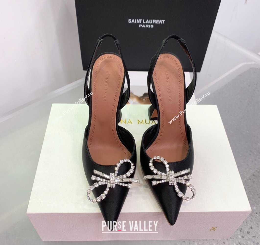 Amina Muaddi Heel 9.5cm Rosie Sling Satin Black with Crystal embellished bow accessory (keer-23122109)
