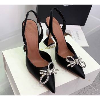 Amina Muaddi Heel 9.5cm Rosie Sling Satin Black with Crystal embellished bow accessory (keer-23122109)