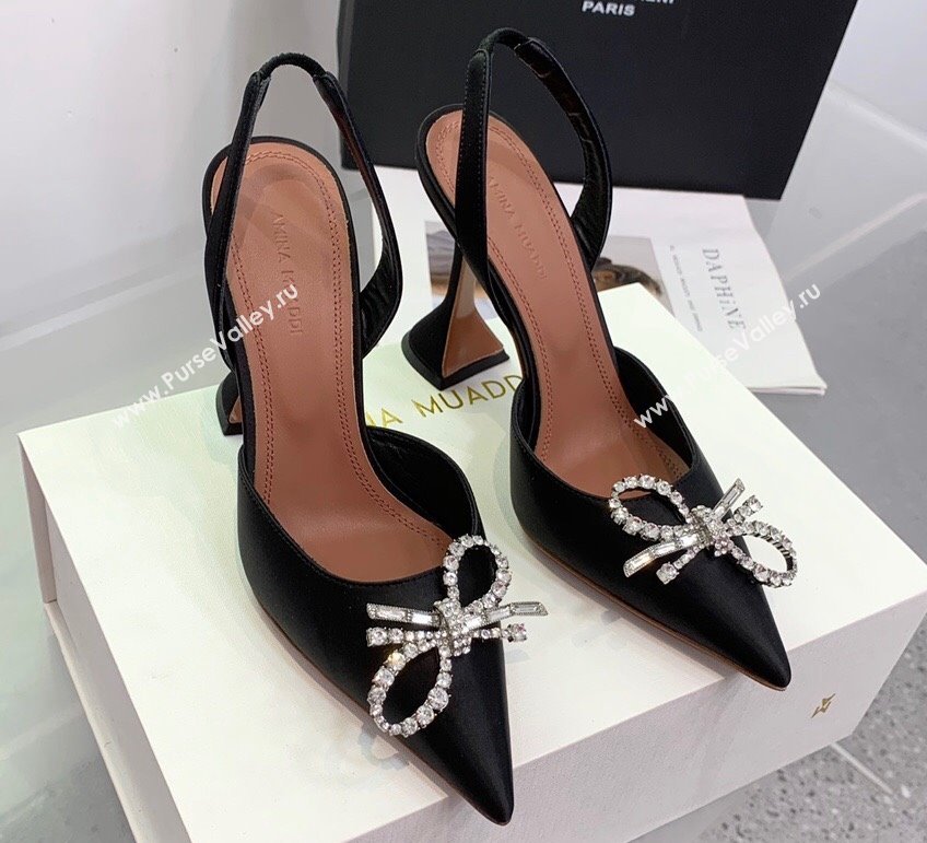 Amina Muaddi Heel 9.5cm Rosie Sling Satin Black with Crystal embellished bow accessory (keer-23122109)