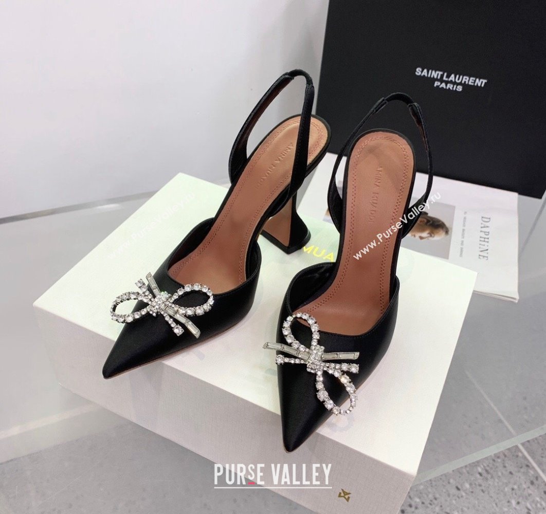 Amina Muaddi Heel 9.5cm Rosie Sling Satin Black with Crystal embellished bow accessory (keer-23122109)