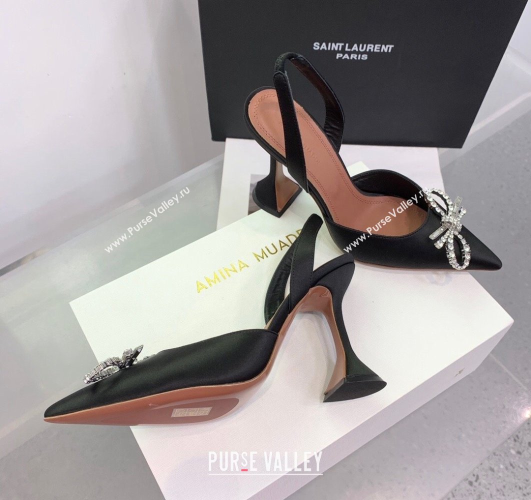 Amina Muaddi Heel 9.5cm Rosie Sling Satin Black with Crystal embellished bow accessory (keer-23122109)
