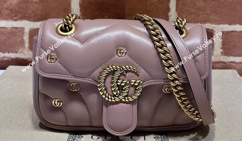 Gucci GG Marmont Mini shoulder bag 446744 Leather Nude Pink with small Double G studs 2024 (dlh-23122128)