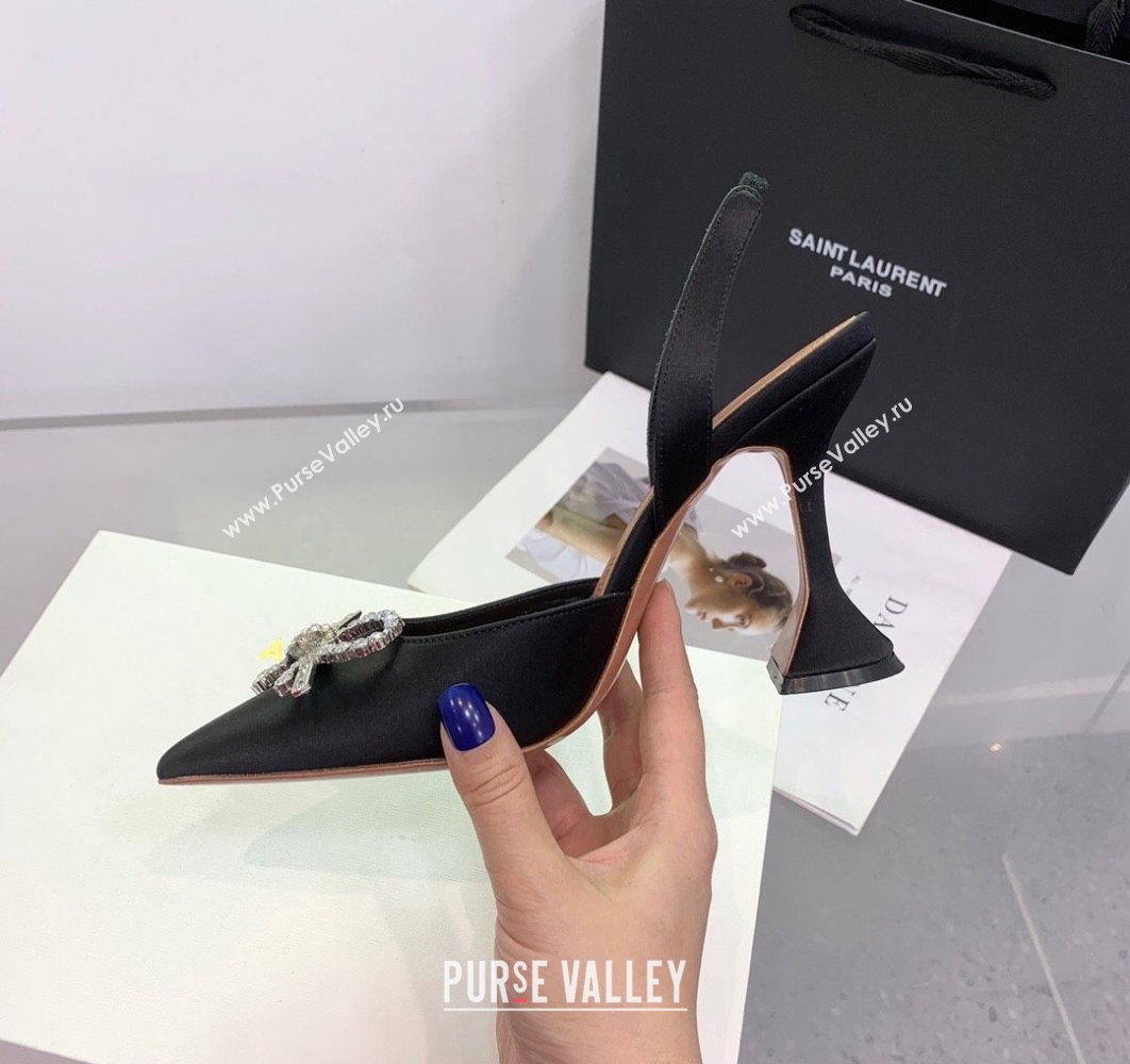 Amina Muaddi Heel 9.5cm Rosie Sling Satin Black with Crystal embellished bow accessory (keer-23122109)