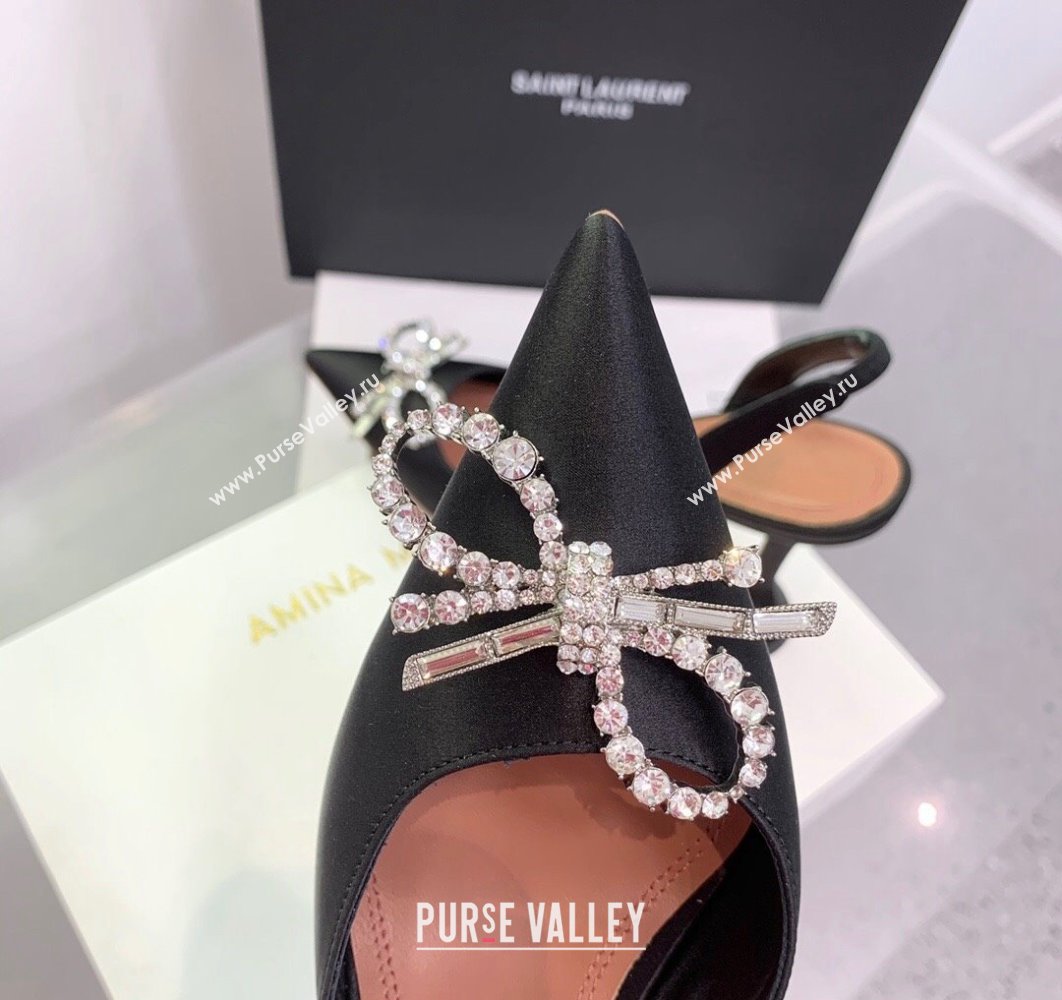 Amina Muaddi Heel 9.5cm Rosie Sling Satin Black with Crystal embellished bow accessory (keer-23122109)