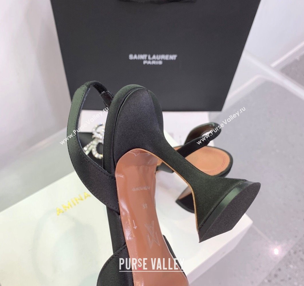 Amina Muaddi Heel 9.5cm Rosie Sling Satin Black with Crystal embellished bow accessory (keer-23122109)
