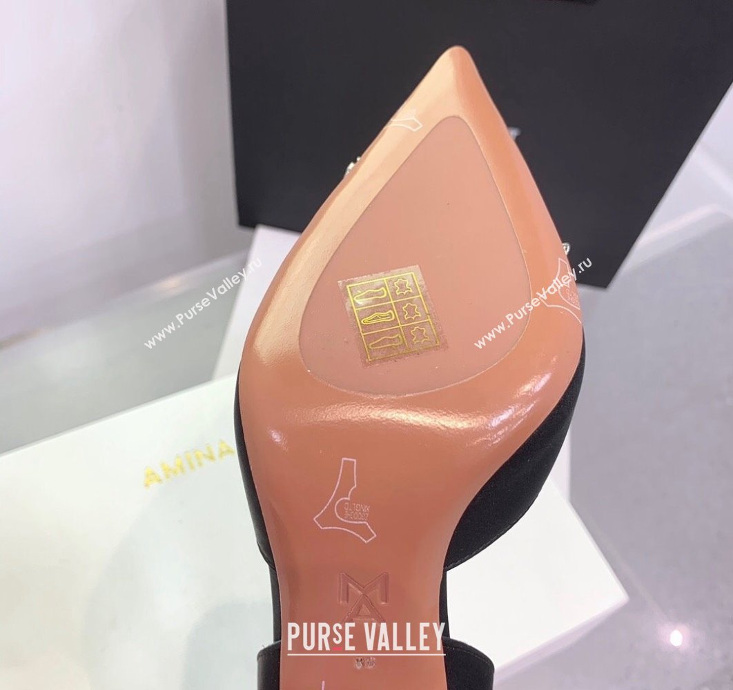 Amina Muaddi Heel 9.5cm Rosie Sling Satin Black with Crystal embellished bow accessory (keer-23122109)