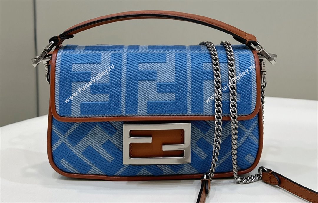 Fendi Mini Baguette bag in Denim Blue with FF embroidery (chaoliu-23122617)
