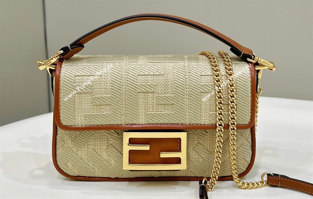 Fendi Mini Baguette bag in Natural straw canvas with FF embroidery (chaoliu-23122616)