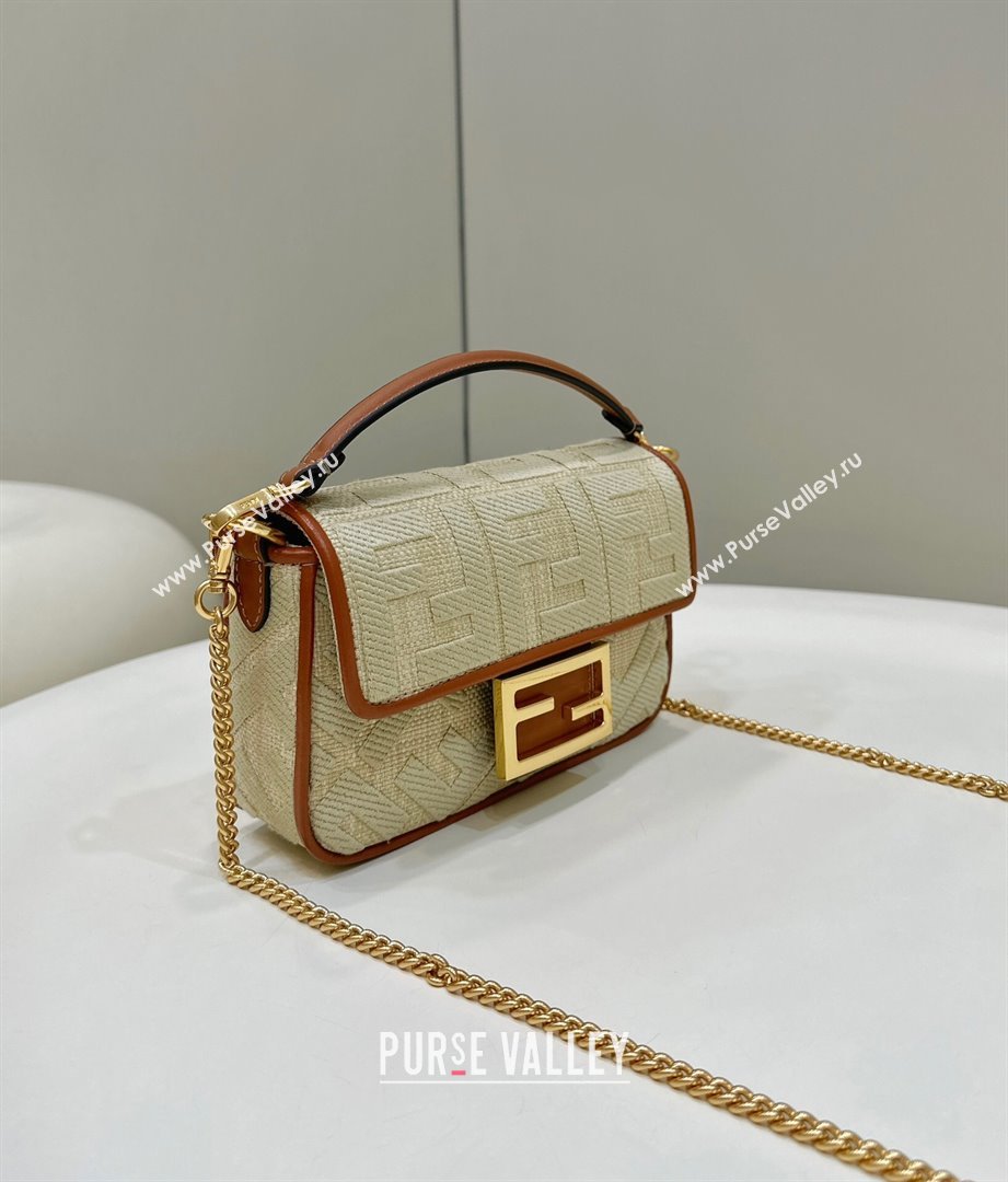 Fendi Mini Baguette bag in Natural straw canvas with FF embroidery (chaoliu-23122616)