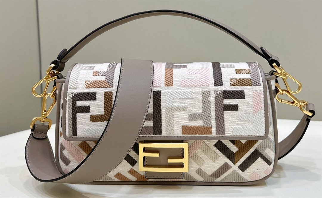 Fendi Medium Baguette bag in Multicolor Gray canvas with FF embroidery (chaoliu-23122615)
