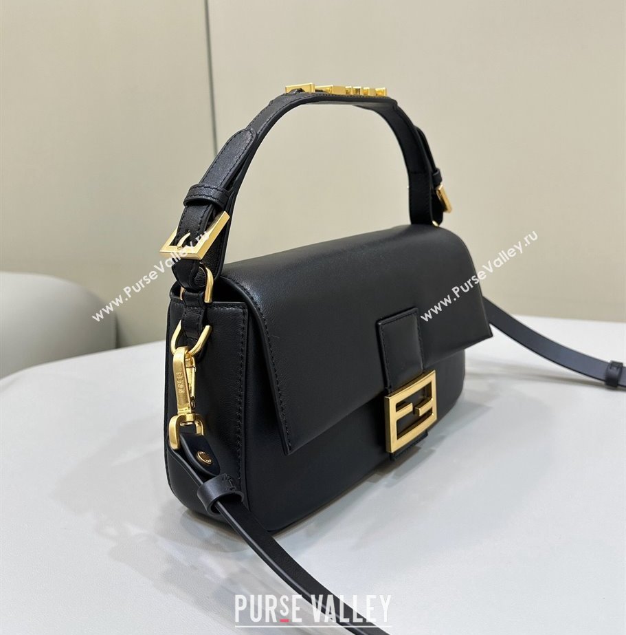 Fendi by Stefano Pilati Medium Baguette Bag handle with metal FENDI lettering in Black nappa leather 2024 (chaoliu-23122740)