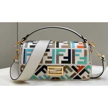 Fendi Medium Baguette bag in Multicolor White canvas with FF embroidery (chaoliu-23122614)
