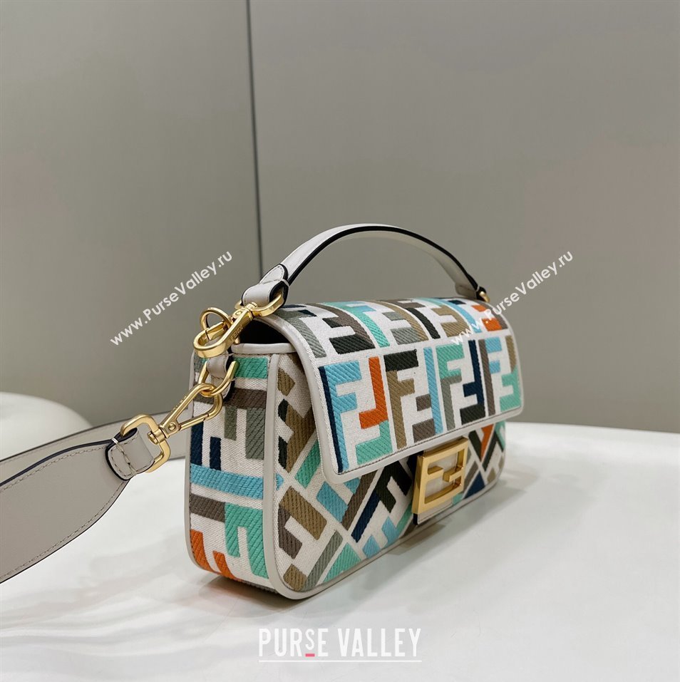 Fendi Medium Baguette bag in Multicolor White canvas with FF embroidery (chaoliu-23122614)