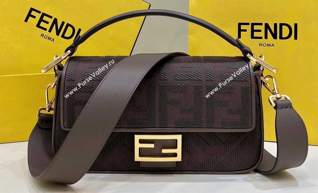 Fendi Medium Baguette bag in Coffee canvas with FF embroidery (chaoliu-23122609)