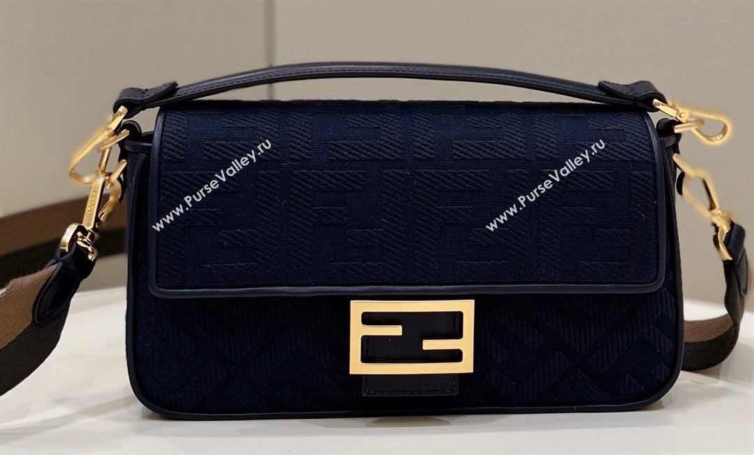 Fendi Medium Baguette bag in Dark Blue canvas with FF embroidery (chaoliu-23122603)