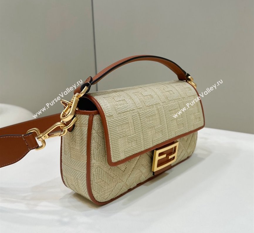 Fendi Medium Baguette bag in Natural straw canvas with FF embroidery (chaoliu-23122601)