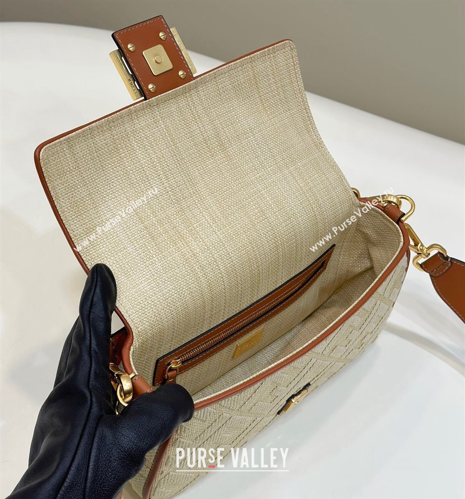 Fendi Medium Baguette bag in Natural straw canvas with FF embroidery (chaoliu-23122601)