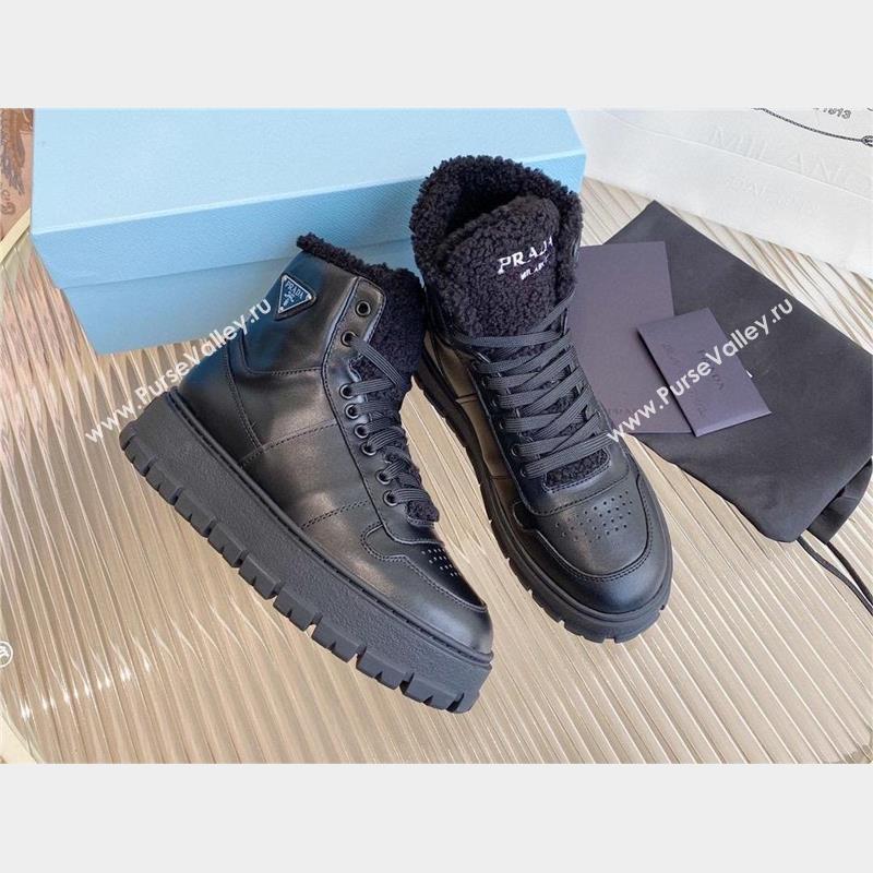 Prada Leather and shearling high-top sneakers black 1T948M 2023 (diliya-231024-05)