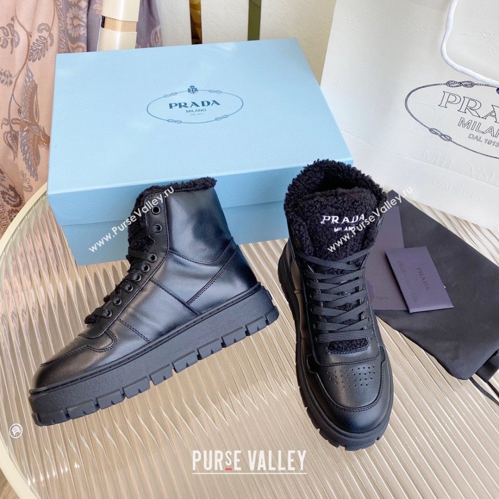 Prada Leather and shearling high-top sneakers black 1T948M 2023 (diliya-231024-05)