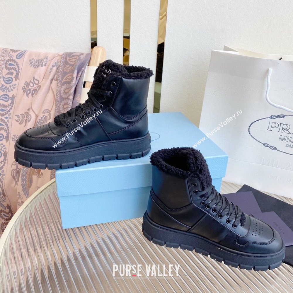Prada Leather and shearling high-top sneakers black 1T948M 2023 (diliya-231024-05)