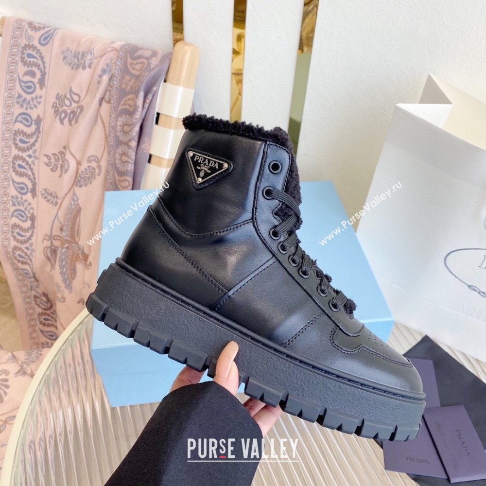 Prada Leather and shearling high-top sneakers black 1T948M 2023 (diliya-231024-05)