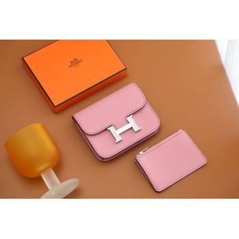 Hermes epsom leather Constance Slim Wallet with belt handmade pink/silver (original quality) (ayan-240115-13)