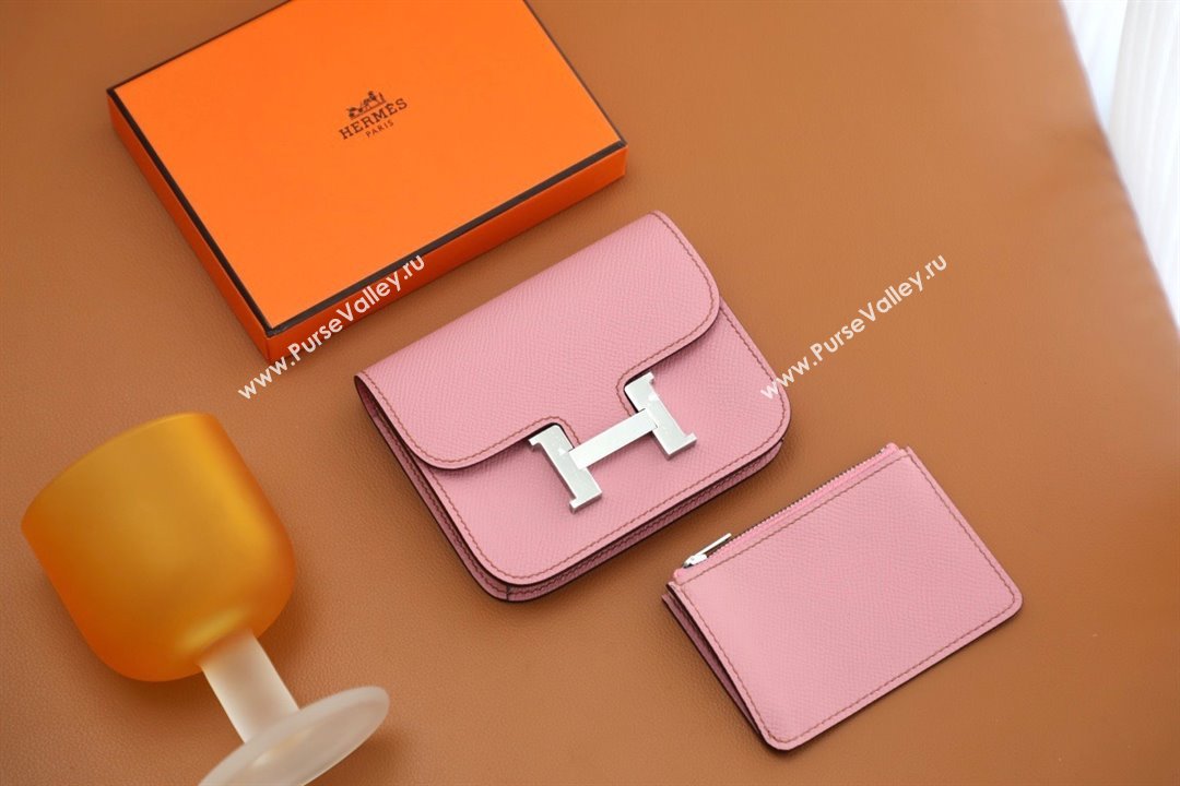 Hermes epsom leather Constance Slim Wallet with belt handmade pink/silver (original quality) (ayan-240115-13)