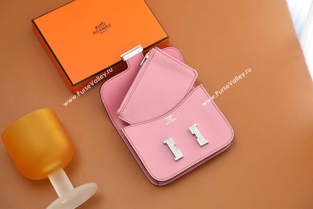 Hermes epsom leather Constance Slim Wallet with belt handmade pink/silver (original quality) (ayan-240115-13)