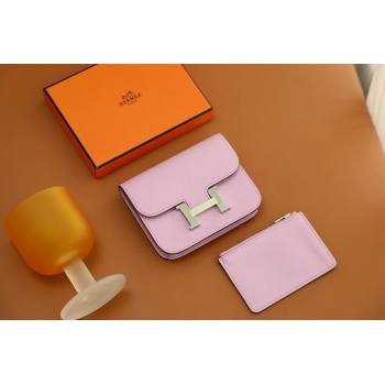 Hermes epsom leather Constance Slim Wallet with belt handmade mauve sylvestre/silver (original quality) (ayan-240115-14)