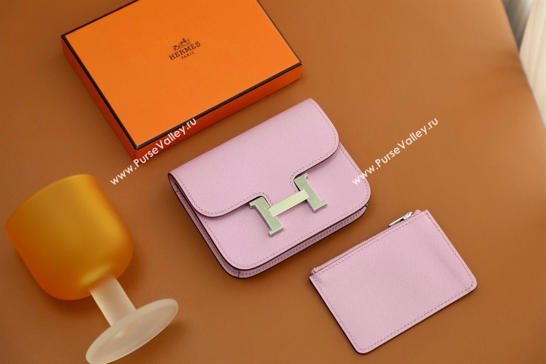 Hermes epsom leather Constance Slim Wallet with belt handmade mauve sylvestre/silver (original quality) (ayan-240115-14)