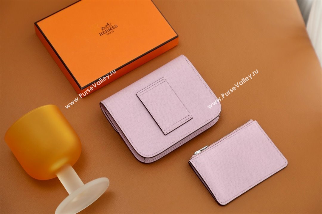 Hermes epsom leather Constance Slim Wallet with belt handmade mauve sylvestre/silver (original quality) (ayan-240115-14)