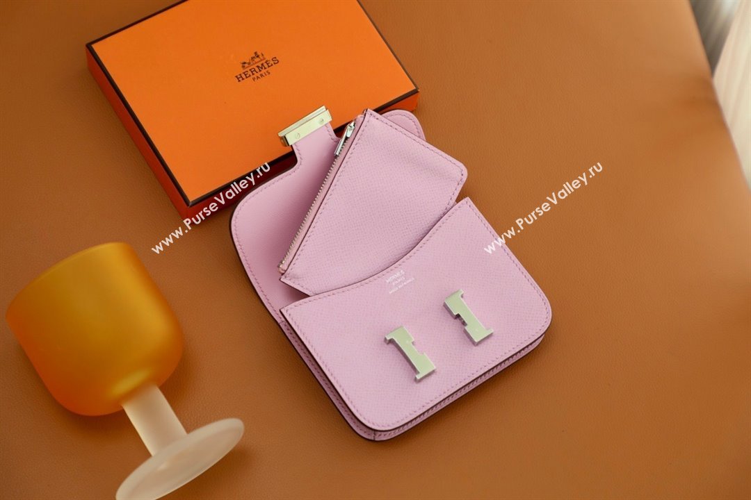 Hermes epsom leather Constance Slim Wallet with belt handmade mauve sylvestre/silver (original quality) (ayan-240115-14)