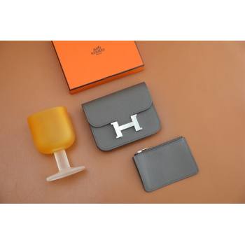 Hermes epsom leather Constance Slim Wallet with belt handmade gris etain/silver (original quality) (ayan-240115-04)