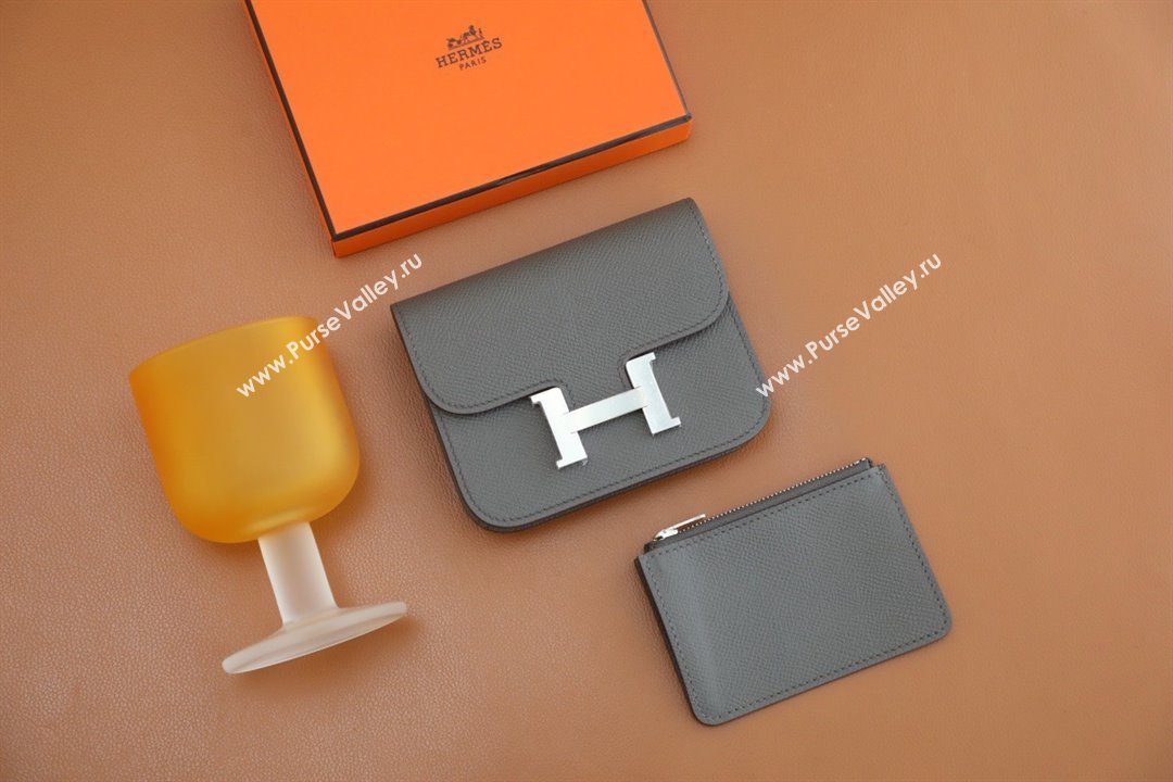 Hermes epsom leather Constance Slim Wallet with belt handmade gris etain/silver (original quality) (ayan-240115-04)