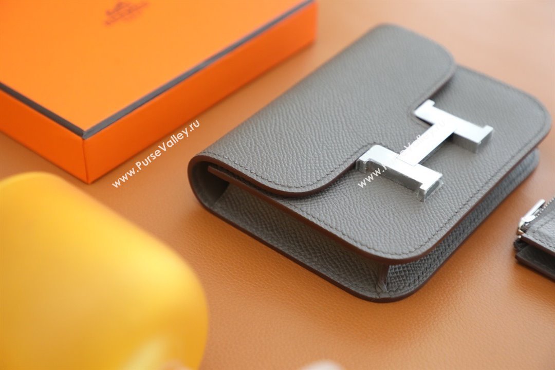 Hermes epsom leather Constance Slim Wallet with belt handmade gris etain/silver (original quality) (ayan-240115-04)