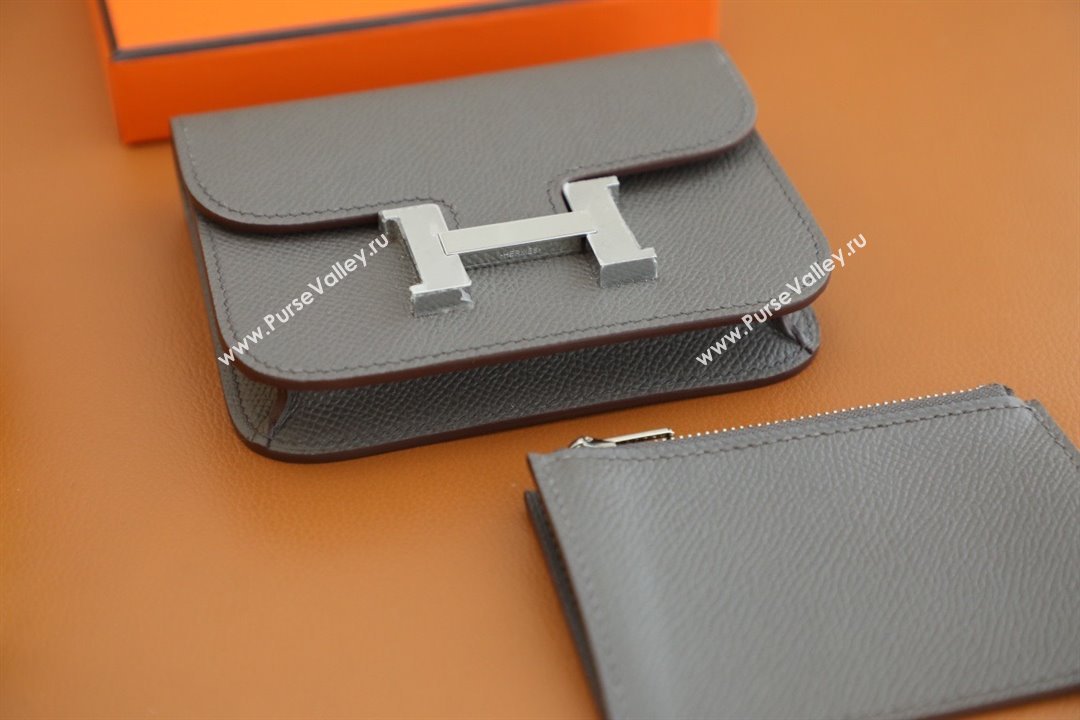 Hermes epsom leather Constance Slim Wallet with belt handmade gris etain/silver (original quality) (ayan-240115-04)