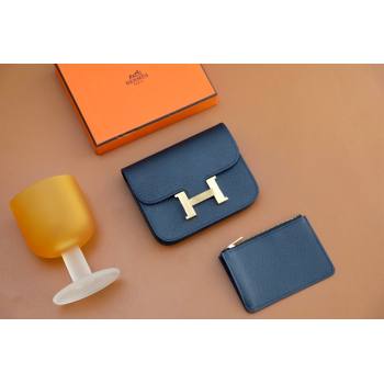 Hermes epsom leather Constance Slim Wallet with belt handmade bleu nuit/gold (original quality) (ayan-240115-07)