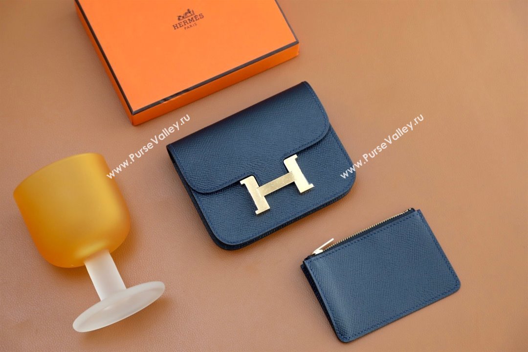 Hermes epsom leather Constance Slim Wallet with belt handmade bleu nuit/gold (original quality) (ayan-240115-07)