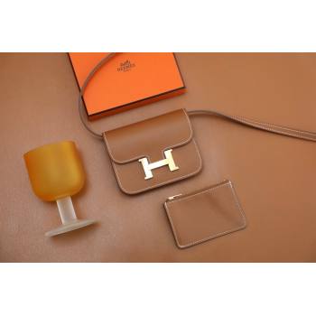 Hermes epsom leather Constance Slim Wallet with belt handmade gold brown/silver (original quality) (ayan-240115-11)