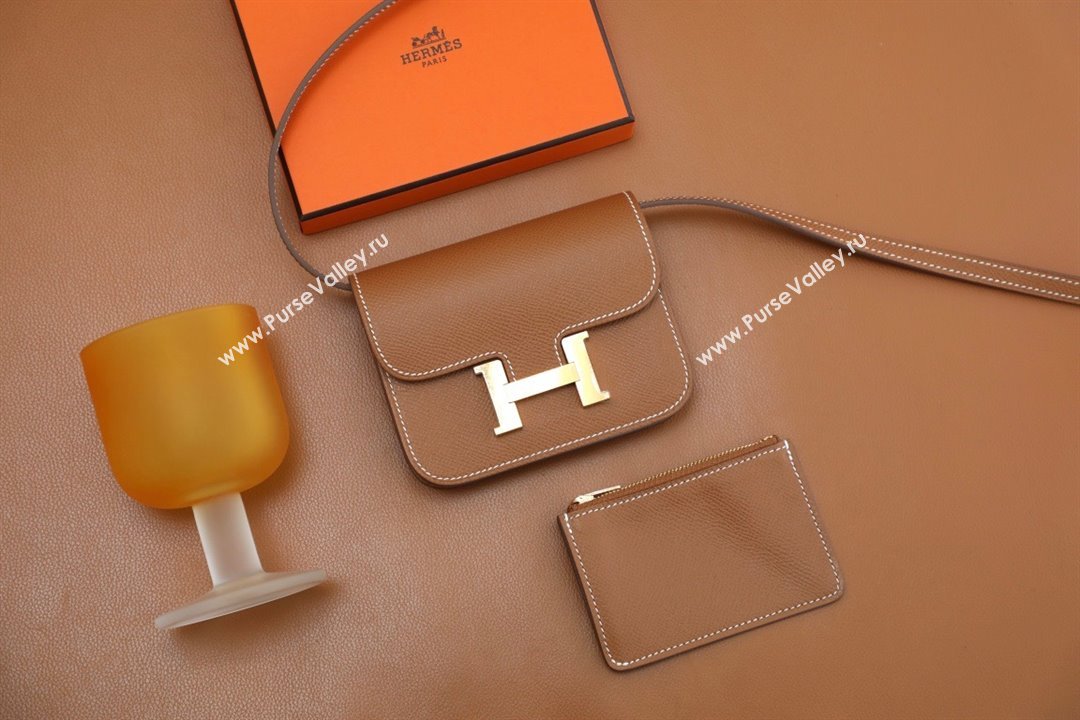 Hermes epsom leather Constance Slim Wallet with belt handmade gold brown/silver (original quality) (ayan-240115-11)