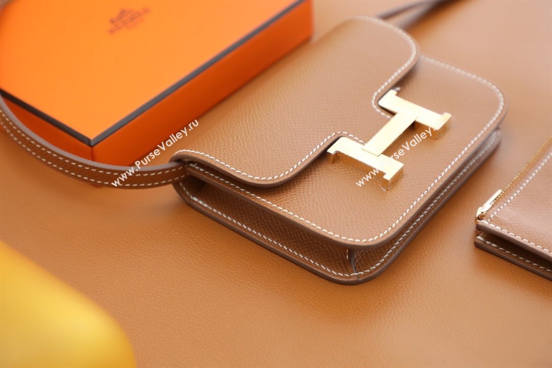 Hermes epsom leather Constance Slim Wallet with belt handmade gold brown/silver (original quality) (ayan-240115-11)