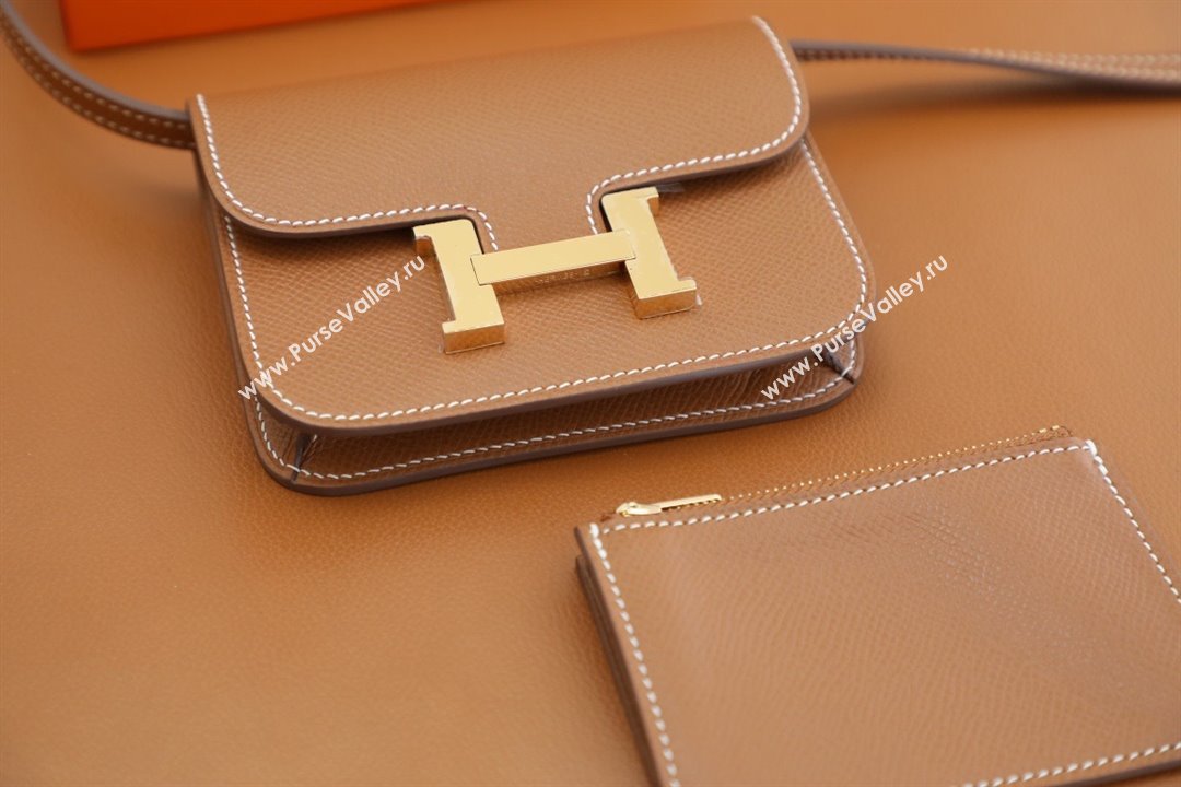 Hermes epsom leather Constance Slim Wallet with belt handmade gold brown/silver (original quality) (ayan-240115-11)