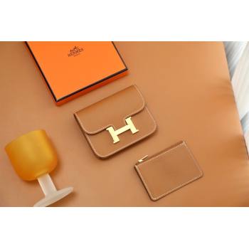 Hermes epsom leather Constance Slim Wallet with belt handmade gold brown/gold (original quality) (ayan-240115-12)