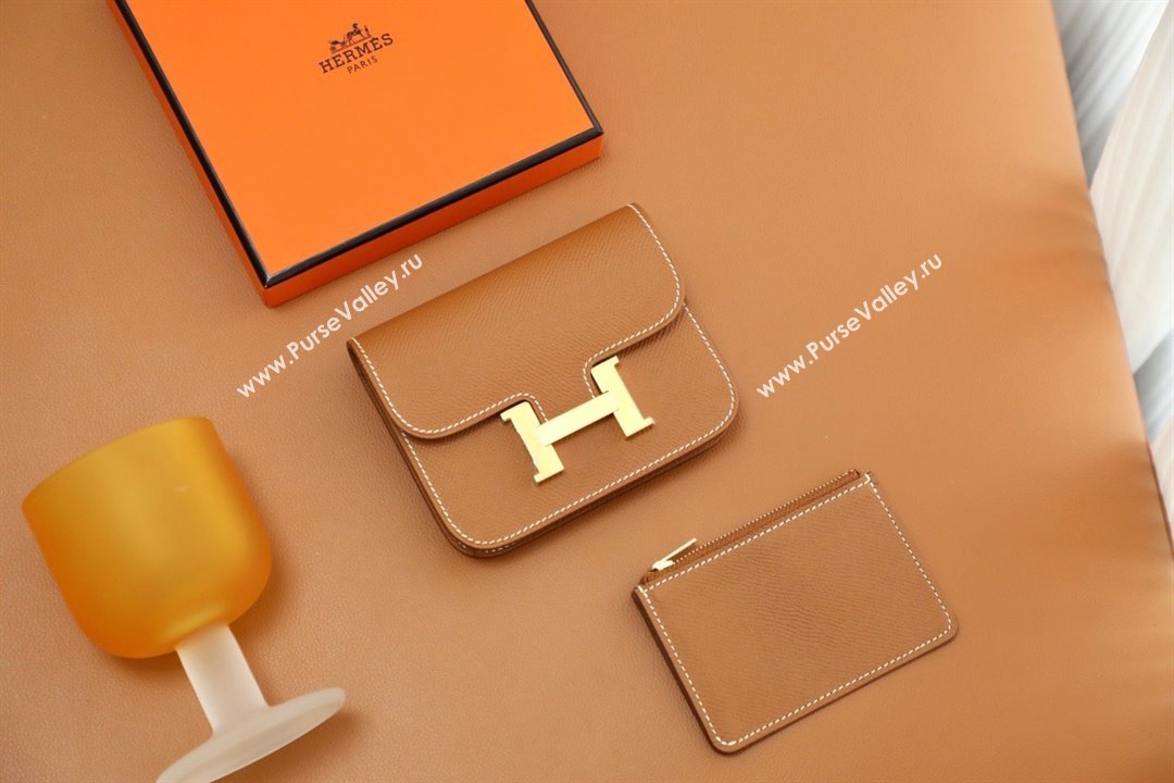 Hermes epsom leather Constance Slim Wallet with belt handmade gold brown/gold (original quality) (ayan-240115-12)