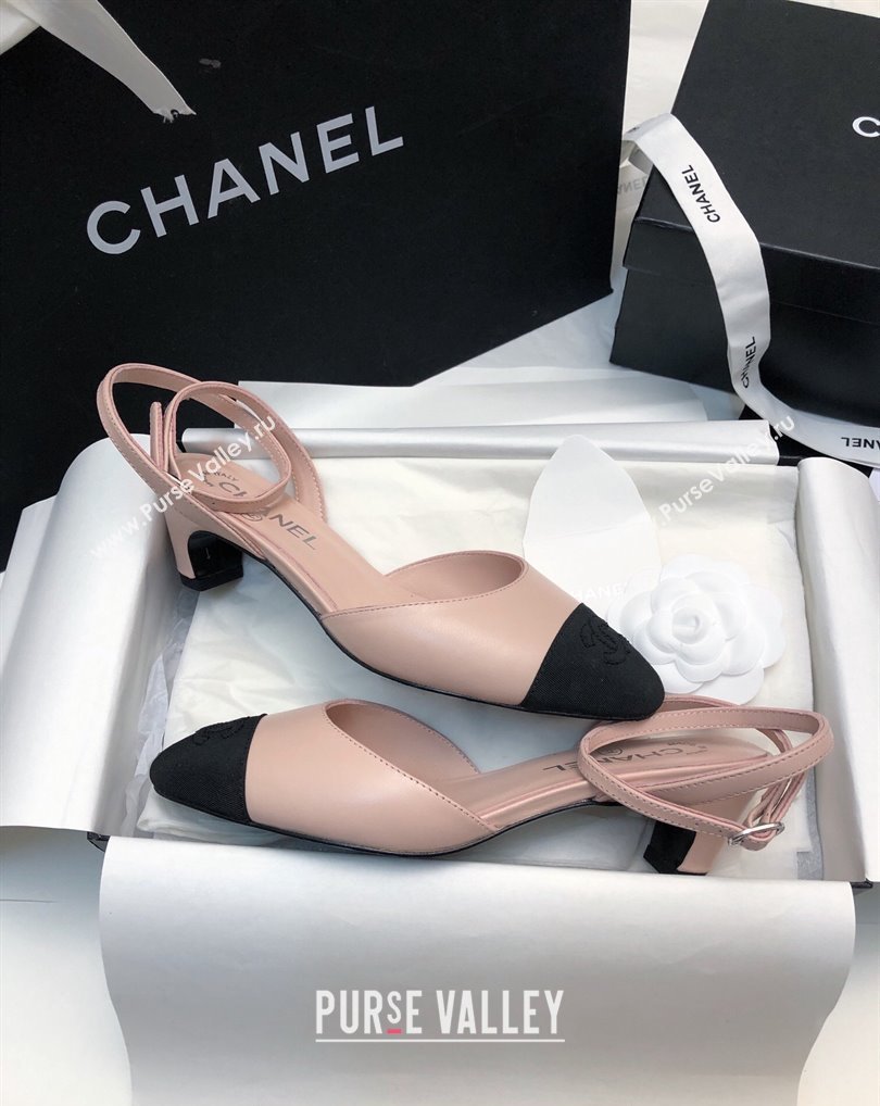 Chanel Heel 4cm Lambskin Grosgrain Slingbacks G45370 Beige 2024 (modeng-24010417)