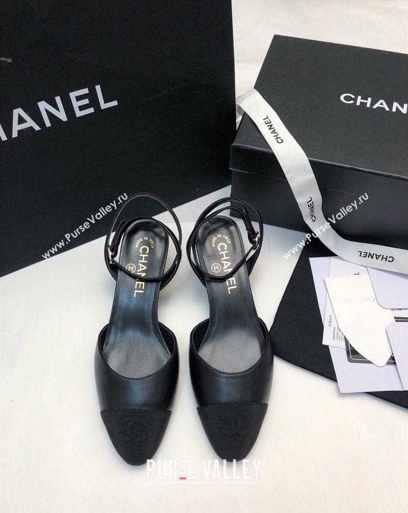 Chanel Heel 4cm Lambskin Grosgrain Slingbacks G45370 Black 2024 (modeng-24010415)