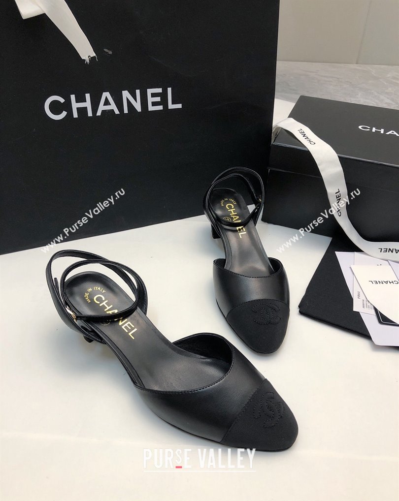 Chanel Heel 4cm Lambskin Grosgrain Slingbacks G45370 Black 2024 (modeng-24010415)