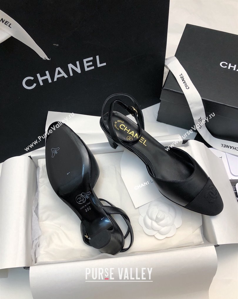 Chanel Heel 4cm Lambskin Grosgrain Slingbacks G45370 Black 2024 (modeng-24010415)