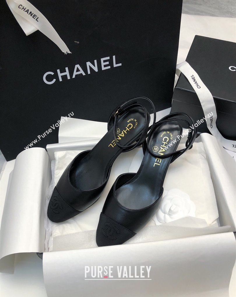Chanel Heel 4cm Lambskin Grosgrain Slingbacks G45370 Black 2024 (modeng-24010415)